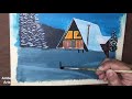 Easy Beginner Painting Lesson | Beautiful Winterscape snow falling | House In Snow falling Painting