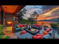 Soothing Jazz Music in Cozy Spring Sunset Ambience ☕ Fireplace Sounds with Relaxing Balcony