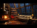 Cozy Reading Room Ambience With Crackling Fire - White Noise on Window & Smooth Jazz For Sleeping