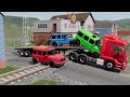 Double Flatbed Trailer Truck vs Speedbumps Train vs Cars | Tractor vs Train Beamng.Drive 050