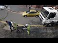 Cyclist hit by falling lamp-post shocking accident