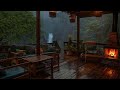 Rainy Tropical Forest Ambience | Soft Rain and Thunder with Fireplace At Cozy Porch | Sleep, Relax