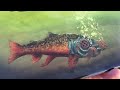 A resin pour clear coat over Daniel Smith Watercolors. A brown trout in a toxic environment.