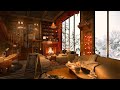Cozy Winter Coffee Shop Bookstore Ambience 4k ☕ with Relaxing Smooth Jazz Music and Snow Falling