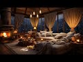 Cozy Winter Room Ambience - Crackling Fire and Nature Wind Sound Out Window - Smooth Jazz for Sleep