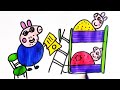 peppa pig and George pig sleep with daddy peppa pig drawing and coloring for kids and toddlers