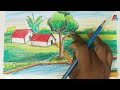 A charming rural scenery with Oil pastels art . মনোমুগ্ধকর গ্রামীণ দৃশ্য
