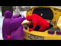 Red Man in Trunk & Purple Fat Man on Chevrolet Camaro w/ Bear & Patera in Car for Kids