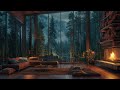 Rainy Tropical Forest Ambience | Soft Rain and Thunder with Fireplace At Cozy Attic | Sleep, Relax
