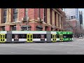 Melbourne E Class trams at intersection of Bourke & Spencer Streets, August 2024