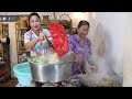 Cute girl Siv chhee help mom to pick ripe winter melon - Traditional banana leaves cake recipe