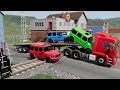 Double Flatbed Trailer Truck vs Speedbumps Train vs Cars | Tractor vs Train Beamng.Drive 050