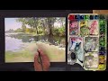 how to draw a watercolor landscape painting | water lilly pond | village scene | Sunil Linus De