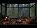 Rain in Cozy Forest Room with Warm Fireplace | Soft Fire and Rain Sound Relaxing