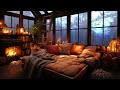 Thunderstorm with Lightnings, Rain on Window and Gentle Crackling Fire in a Cozy Bedroom Ambience