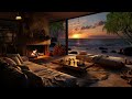Cozy Beach House | Relaxing Fireplace & Sound of Ocean Waves For Deep Sleep | Sunset Ambience