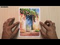 Watercolor painting for beginners beautiful flower tree and simple door