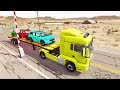 TRANSPORTING PIXAR CARS & FRUITS WITH COLORED & JOHN DEERE vs CLAAS vs TRACTORS - BeamNG.drive