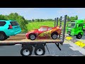 Double Flatbed Trailer Truck vs Speedbumps Train vs Cars | Tractor vs Train Beamng.Drive 001