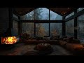 Rain Falling at night in Cozy Room Ambience with Rain Sounds and Fireplace Crackling