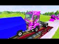 Double Flatbed Trailer Truck vs Tractor vs Train | Speedbumps vs Cars Beamng.Drive 0103