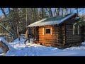 Cozy solo overnight and a snowy and cold off grid log cabin  No talking # Bush craft