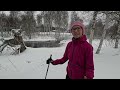 Search for open water in cold January Sweden. Outdoor backcountry skiing beside a creek, river.