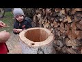 Side table from a log with hidden bar