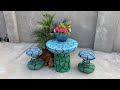Make flower pots from springs, plastic bottles, and cement / Coffee table and flower pot ideas