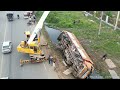 Be Careful!! Dump Truck Falling Down From Highway Road Recovery By Truck Crane Lift Successfully