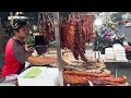 Cambodian street food at Olympic Local Market - Tasty Delicious Grilled Duck, Pork ribs & fish
