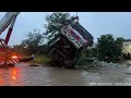 Unbelievable Overturned Dump Truck Failed Sliding In The Rain Into Canal Help By Crane Truck