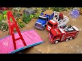 Rescue fire truck from fire with excavator and crane truck | Police car toy stories | Mega Trucks