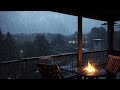 Insomnia and farewell to the sound of heavy rain on the balcony and fire, ASMR rain sound
