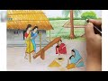 How to draw village scenery ( ঢেঁকিতে ধান ভানা) step by step