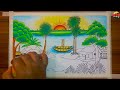 How to draw easy Scenery drawing Landscape village scenery with oil pastel/River village house draw