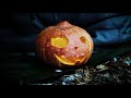 Bushcraft shelter, Halloween pumpkin lantern, warming drink