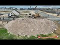 Full best action of Komatsu D58E Dozer pushing soil and Khmer Dump Trucks filling soil up into water