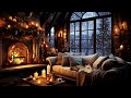 Cozy Winter Ambience with Crackling Fire and Gently Falling Snow, Sleeping Cats & Candles