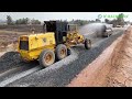 Grader Making Road By Komatsu Grader Spreading Gravel | Grader Building Village Roads Driving Skills