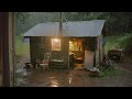 Relieve stress during heavy rain and thunder on the tin roof of a hut in the middle of the forest