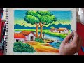 How to draw Beautiful Riverside Village Scenery | Step by step with Oilpastel colour for beginners.