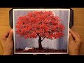 How to Paint Red Tree ❤️  Cotton Swab /Acrylic Painting Landscape on Canvas/ For Beginners