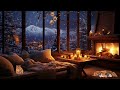 Relaxing Cozy Room Ambience With Crackling Fire - Cat & Sleep Dog - Relaxing Jazz Music - Wind Sound