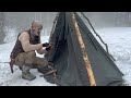 Warming By Big Long Log Campfire - Rain and Snow Camping in Foggy Forest with Lavvu Tent