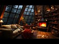 Rain & Thunderstorm with Relax Cozy Room, Night Jazz - Crackling Fireplace, Cats and Dog are Sleep