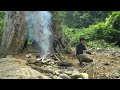 Diary 2 Days solo survival CAMPING. Build a secret survival shelter deep inside a big tree, Cooking