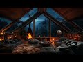 Cozy Attic Living Room Thunderstorm - Rain, Fireplace, and Lightning Ambience
