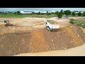 Incredible Dump Trucks Operation Dumping Stones Filling In Big Pond Dozer Pouring Stones Delete Pond