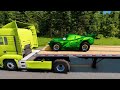 Double Flatbed Trailer Truck vs Speedbumps Train vs Cars Beamng.Drive